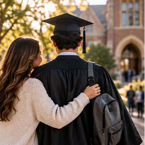 Parent hugging a college graduate