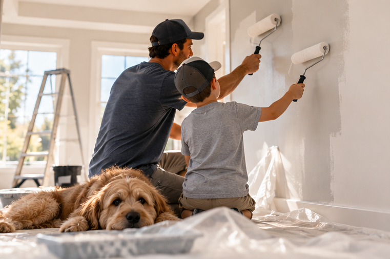 Dad and son painting a wall together with their dog