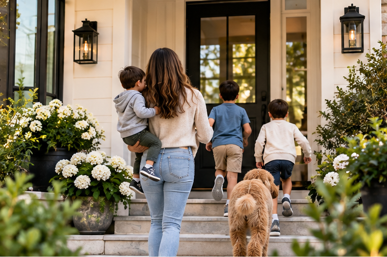 Mom and kids walking up to their front door with the family dog