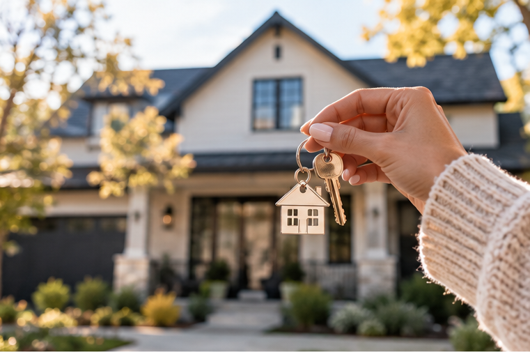 Holding new house keys in front of a home