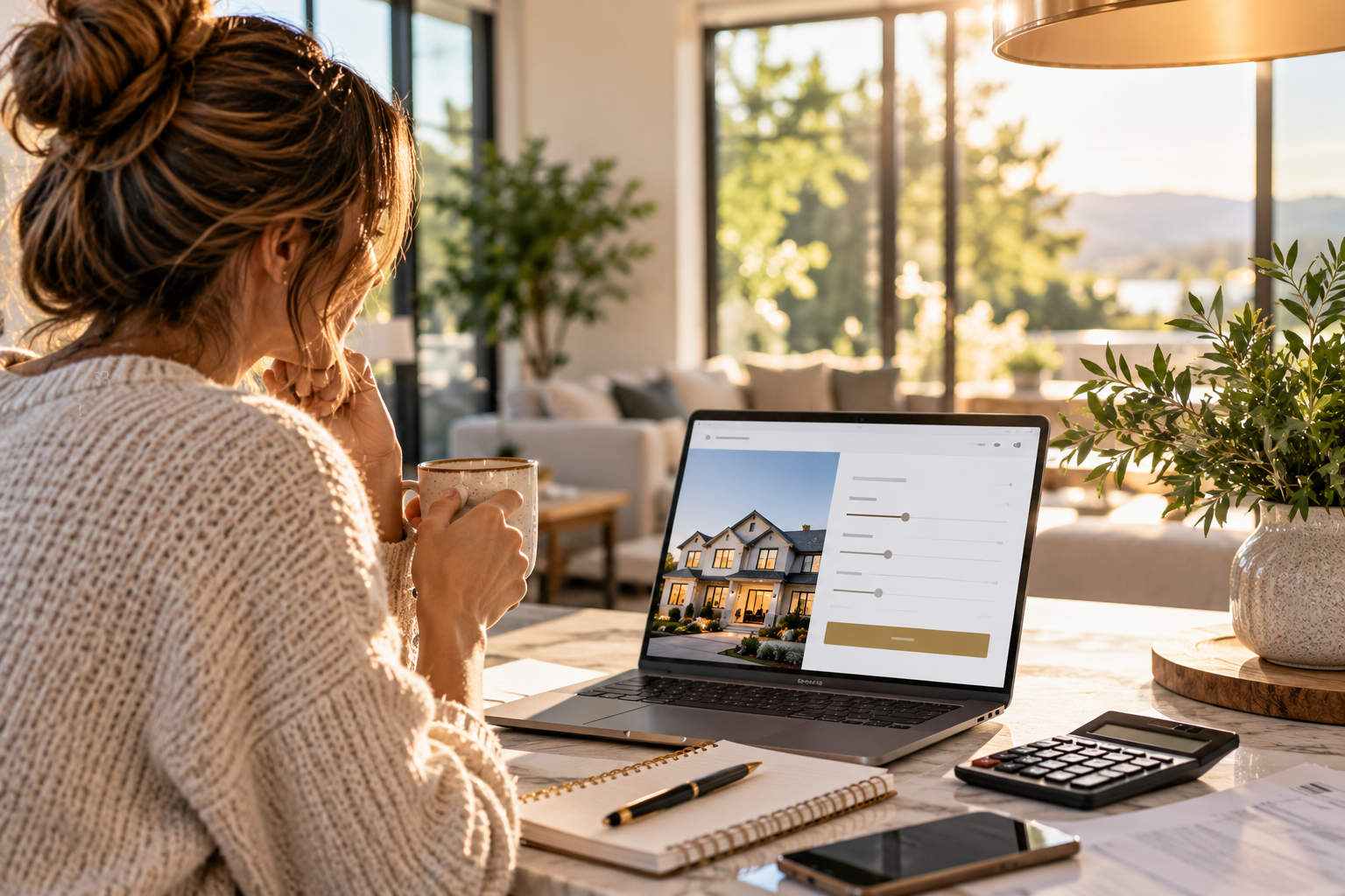 Homeowner with coffee reviewing a mortgage calculator on her laptop